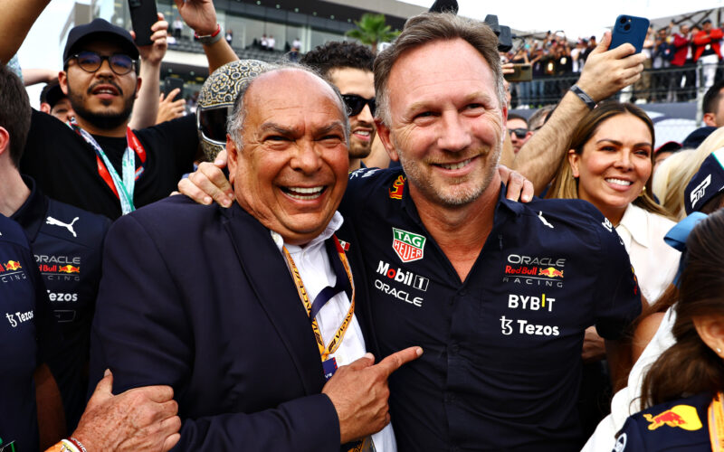 MEXICO CITY, MEXICO - OCTOBER 30: Red Bull Racing Team Principal Christian Horner and Antonio Perez Garibay celebrate in parc ferme during the F1 Grand Prix of Mexico at Autodromo Hermanos Rodriguez on October 30, 2022 in Mexico City, Mexico.